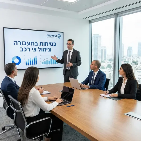 יועץ מציג תכנית הטמעת נהלי בטיחות להנהלה בחדר ישיבות